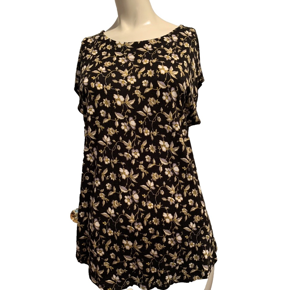 Loft Womens Blouse Black Yellow  Gray‎ Floral Cap Sleeves Top M